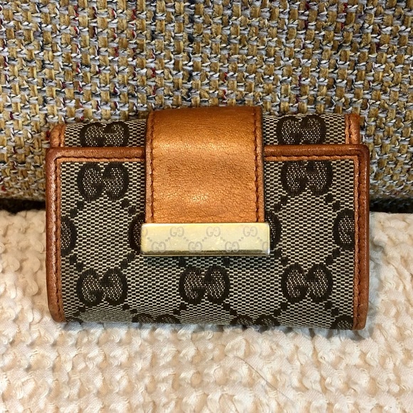 Auth GUCCI GG Monogram Canvas Burned Orange Leather Trifold Key Card Holder - Picture 15 of 16
